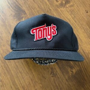 Trucker snapback hat, black with red Tony’s embroidered, rope hat